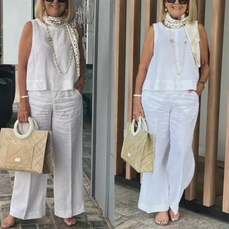 Women's Simple Breathable Suit - Round-Neck Sleeveless Top & Wide-Leg Pants