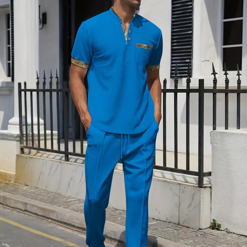 Men's Waffle Colorblock Short Sleeve T-Shirt and Pants Set 95966894Y