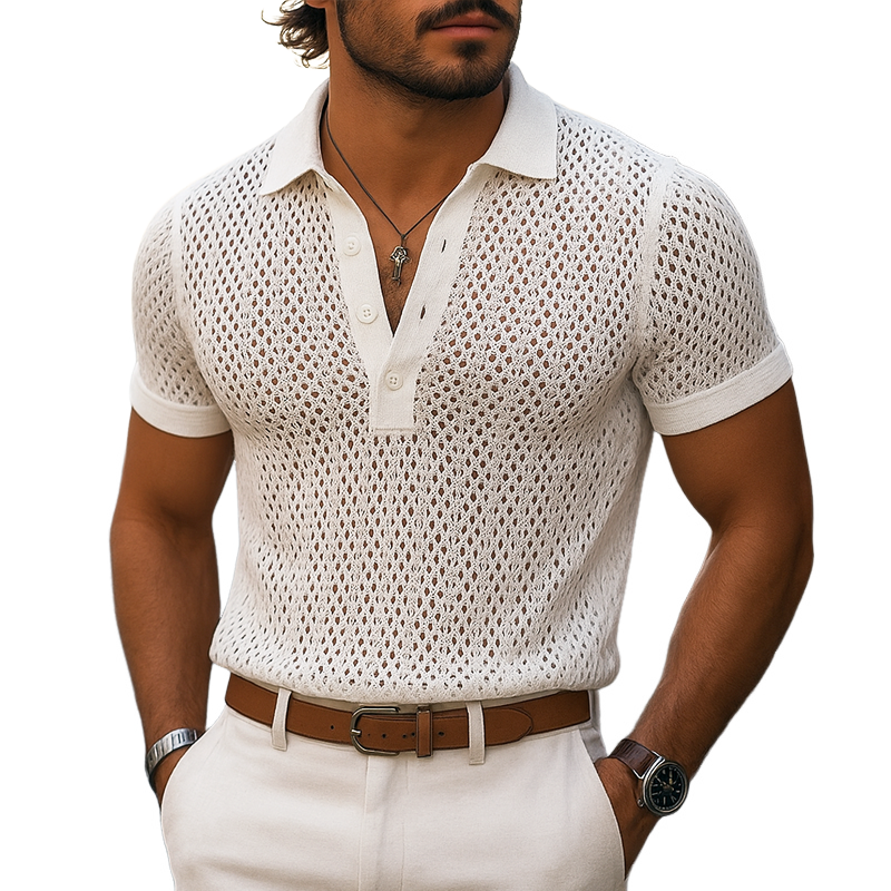 Men's Solid Hollow Out Plaid Knit Lapel Short Sleeve Polo Shirt MTA1865F2Z