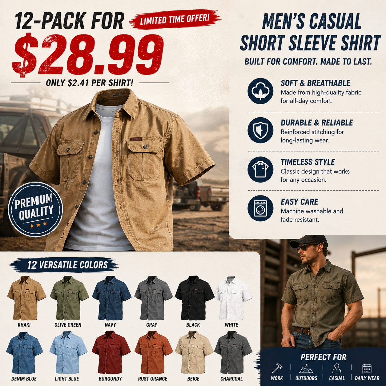 Cow pattern casual men's work shirt short sleeves