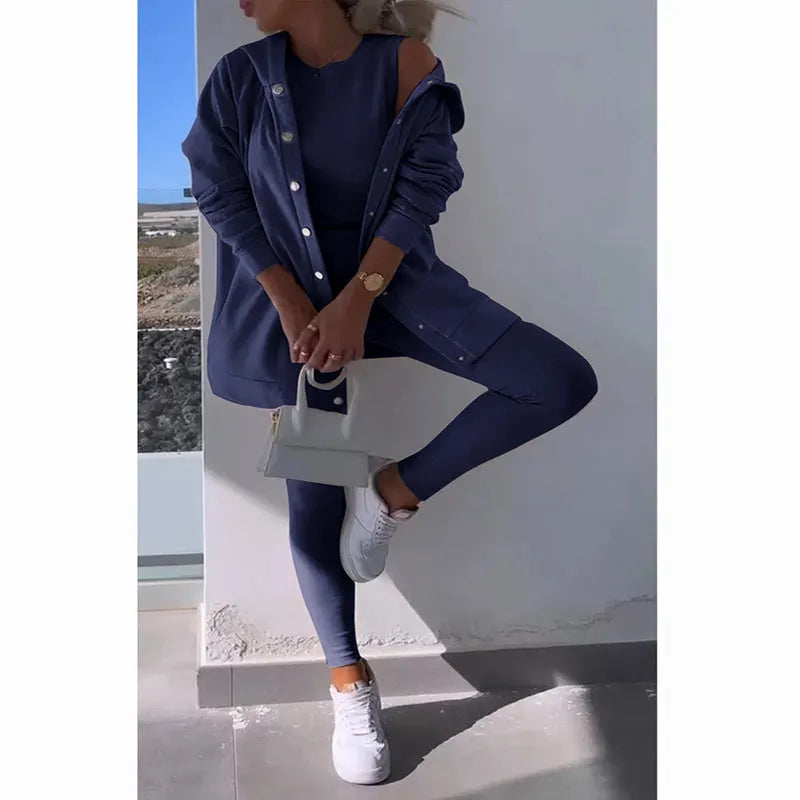 Hooded Cardigan, Vest, Leggings ,Three-piece Set